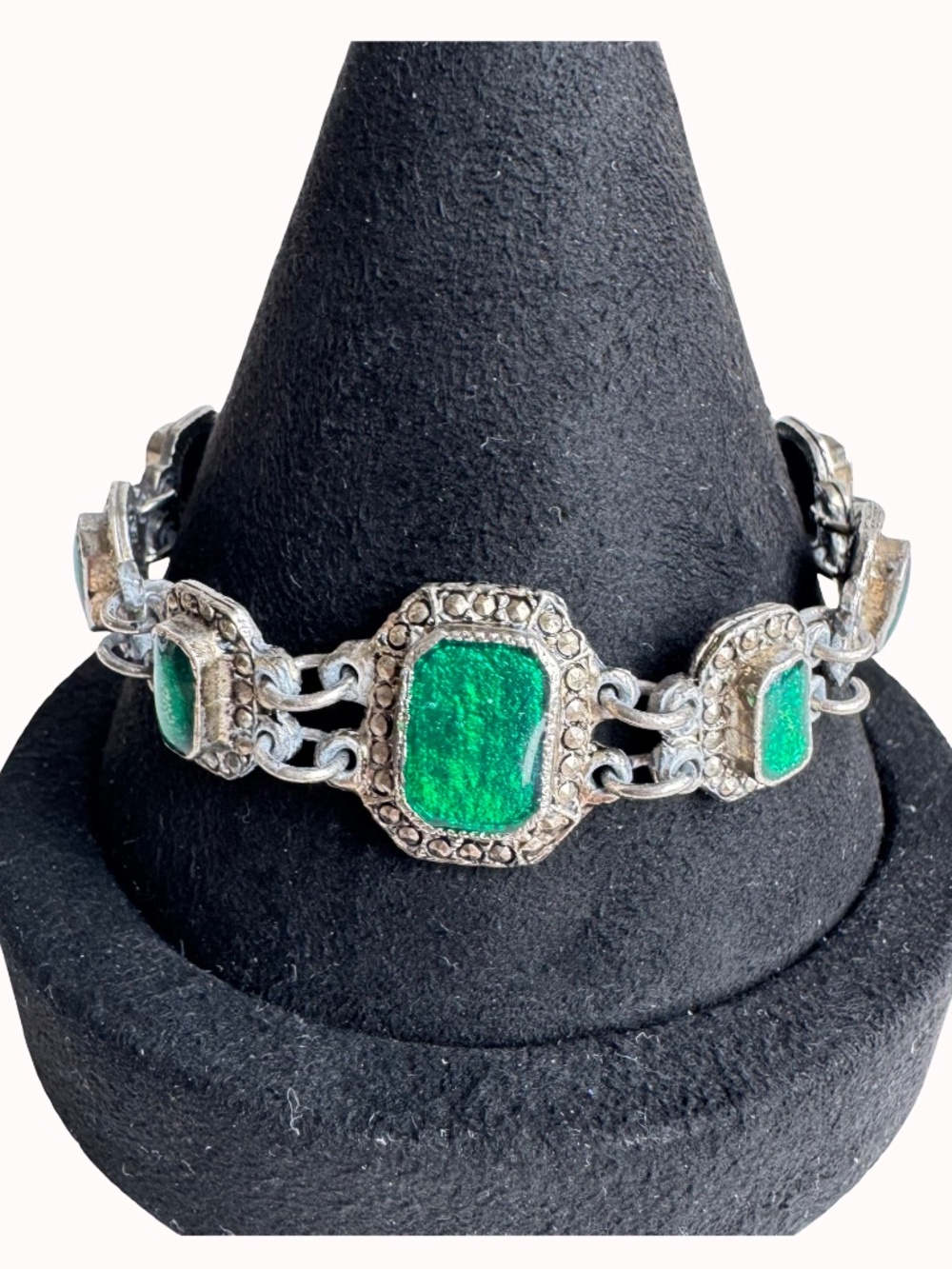 Vintage Green Enamel Bracelet Silver Tone Filigree Panel Links Bell Charm Boho